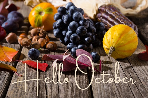 Bonjour octobre : image représentant les fruits et légumes de saison du mois d'octobre.